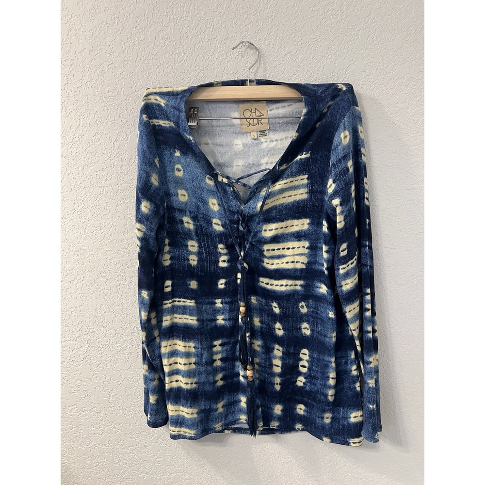 Chaser Beachy Bohemian Blue Tan Tie Up with Tassles Blouse S